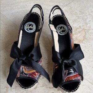 Wedge Espadrille Slingback Heels with Black Bow - Women Shoes